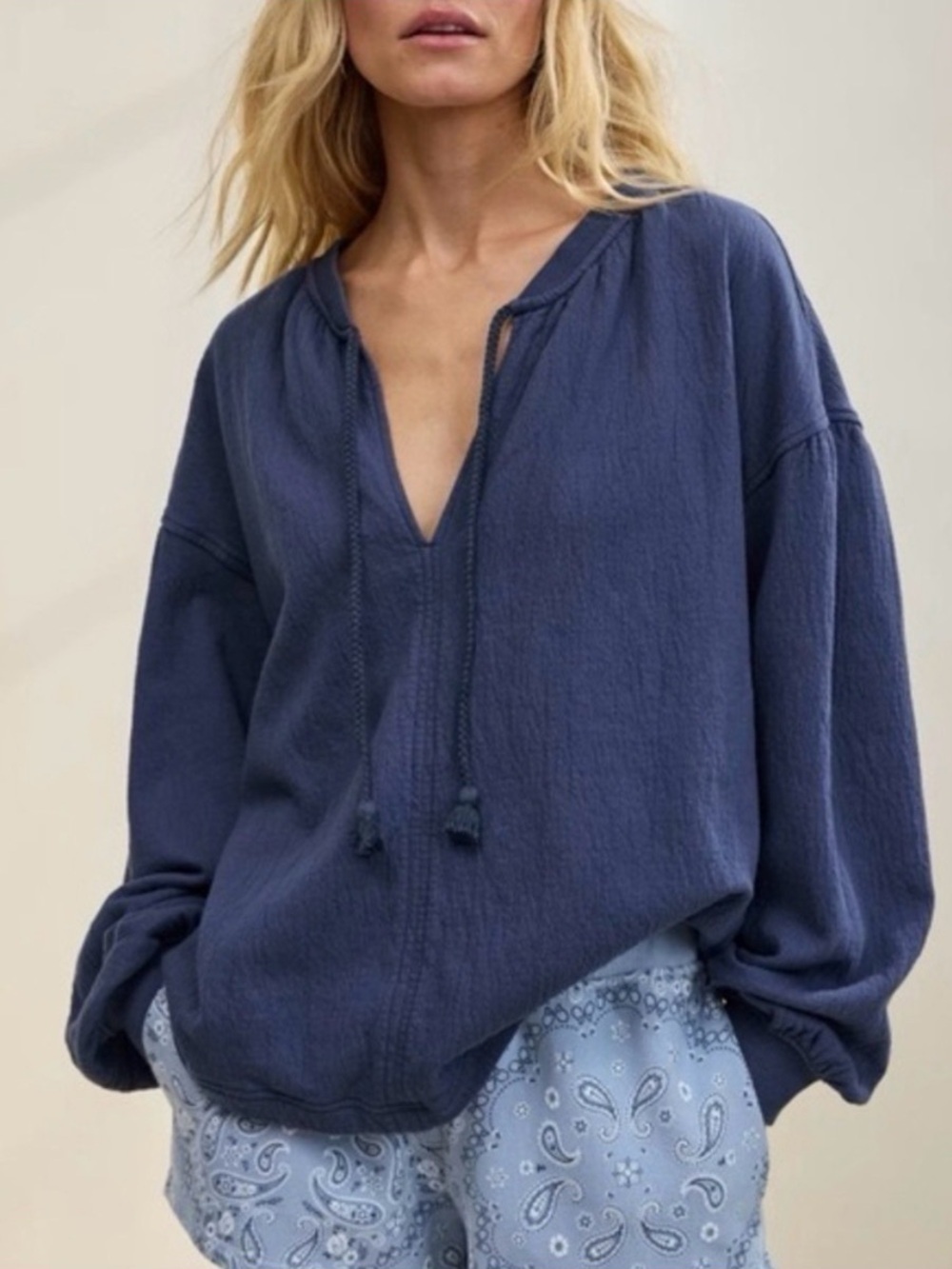 Aerie easy street oversized peasant boho oversized cotton sweatshirt navy blue